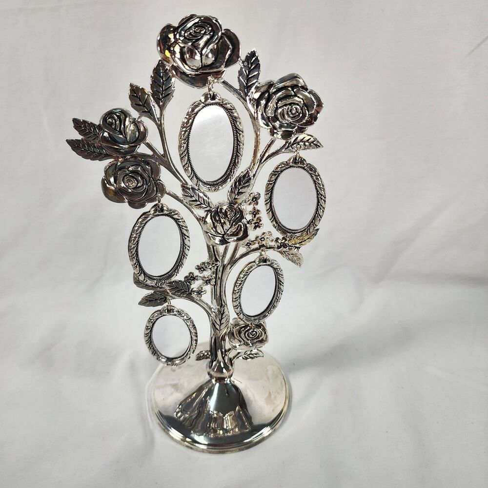 Vintage Godinger Silver Plated Rose Photo Picture Frame Tree 10 Oval Photos